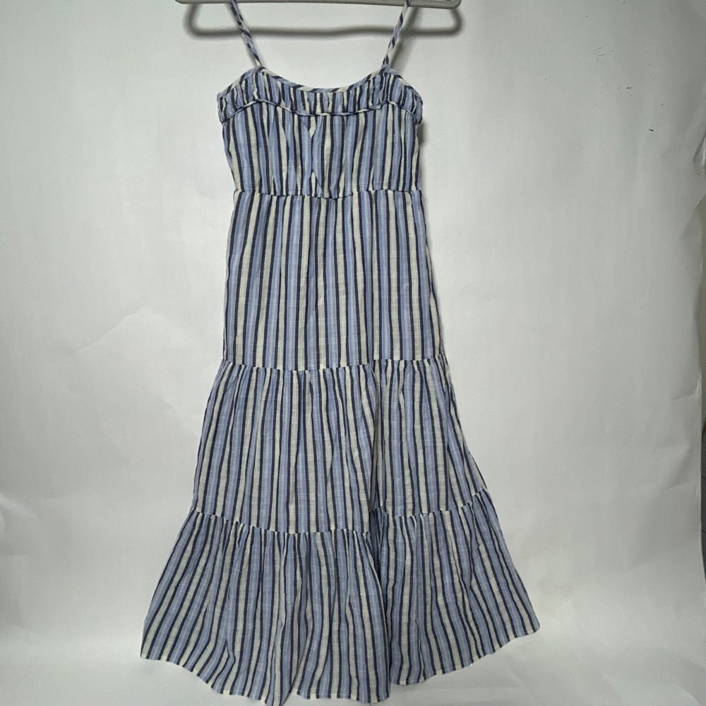 New Aerie Midi Dress Womens XXS Blue White Striped‎ Tiered Smocked Coastal Boho - Picture 3 of 11
